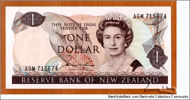 New Zealand | 
1 Dollar, 1981-1985 | 

Obverse: Queen Elizabeth II | 
Reverse:Clematis plant, and Fantail bird | 
Watermark: Captain James Cook | Banknote
