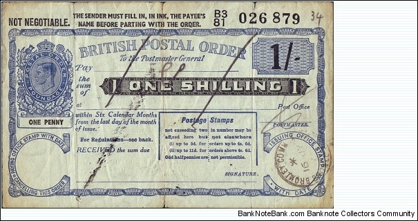 England N.D. (1940's) 1 Shilling postal order.

The last figure of the date is unreadable. Banknote