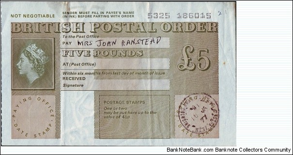 England 1977 5 Pounds postal order.

Issued at Brighton & Hove,West Sussex (Sussex). Banknote