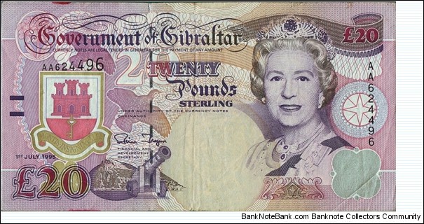 Gibraltar 1995 20 Pounds. Banknote