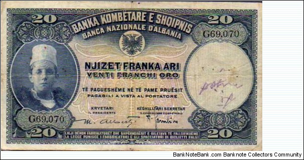 20 Franka Ari_
pk# 3_
ND (1926) Banknote