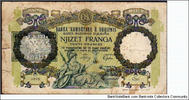 20 Franga__
pk# 13__
New bank
name overprint on pk# 7 Banknote