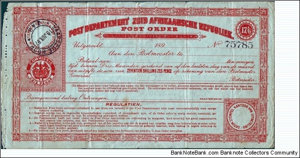 South African Republic 1897 17 Shillings & 6 Pence postal order.

Issued at Kaapsche Hoop. Banknote