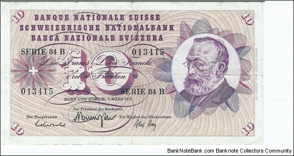 10 Franken / Francs / Franchi__
pk# 45 s (2)__
07.03.1973__
signatures: Brenno Galli / Alexandre Hay / Aebersold Banknote