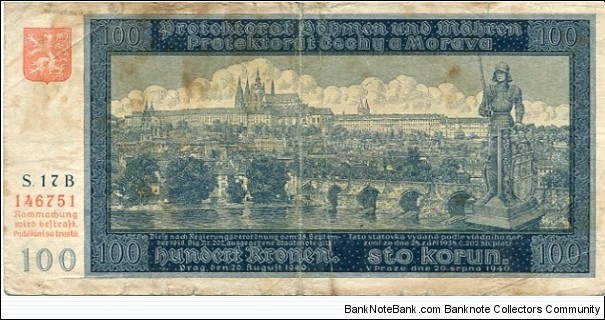 *BOHEMIA & MORAVIA*__
100 Kronen/Korun__
pk# 6 a__
20.08.1940 Banknote