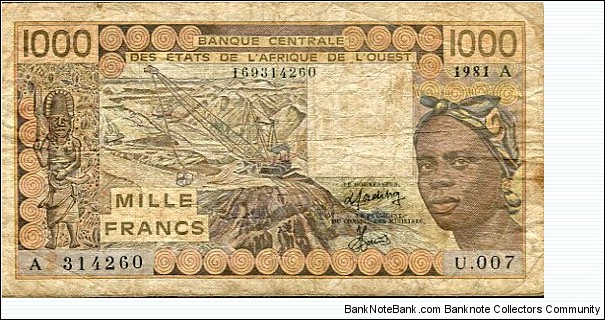 *Côte d'Ivoire / Ivory Coast*__
pk# 107 Ac__
Code Letter (A)__
1981-1990__
signatures: Moussa Tondi & A. Fadiga Banknote