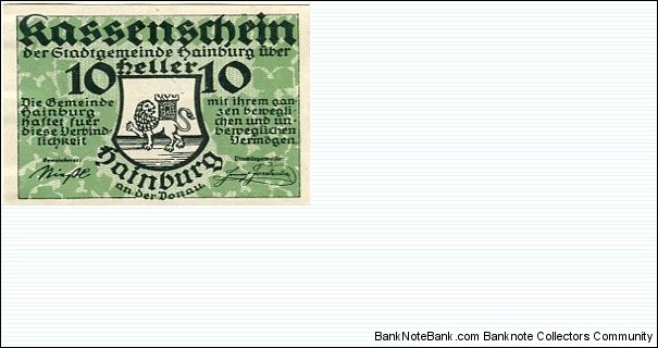 *NOTGELD*__
10 Heller__
Hainburg un der Donau__
31.12.1920 Banknote