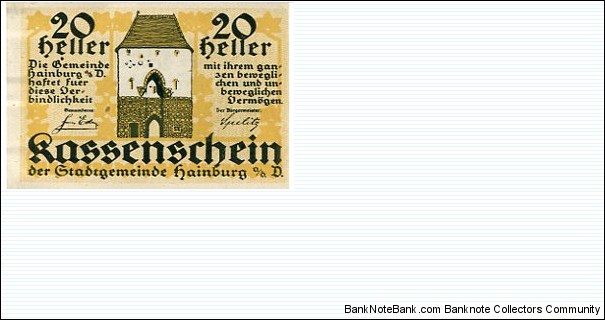 *NOTGELD*__ 20 Heller__ Hainburg un der Donau__ 31.12.1920  Banknote
