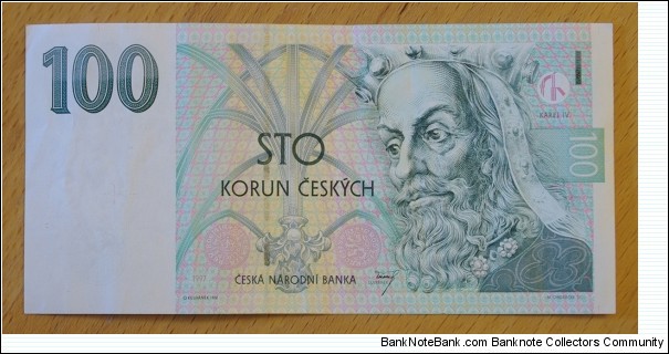 Czech Republic | 
100 Korun, 1997 | 

Obverse: King Charles IV | 
Reverse: The seal of Charles Univerity | 
Watermark: King Charles IV | Banknote