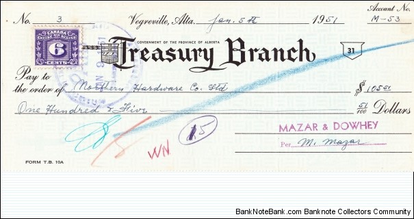 Bank cheque from the Vegreville location of the Alberta Treasury Branch. The ATB was created as an abortive attempt by the Province of Alberta to nationalize every private bank in a bizarre fit of Social Credit ideology. Today the bank is known as ATB Financial and acts like any other bank, except that it is still entirely owned by the provincial government. Banknote