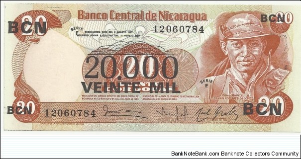 NicaraguaBN 20 Cordobas 1984(overprinted 20.000) Banknote