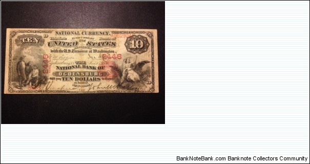Original $10 note issued by the First National Bank of Odgensburg, NY. Banknote