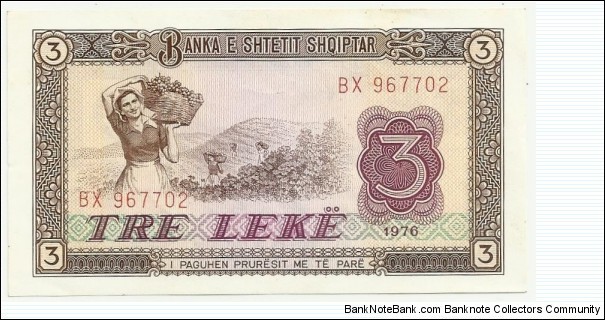 Albania 3 Lek 1976 Banknote