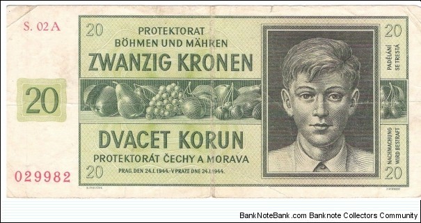 20 Kronen/Korun(Protectorate of Bohemia and Moravia 1944)  Banknote