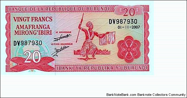 20 Francs - Banque de la Republique du Burundi (01-11-2007) Banknote