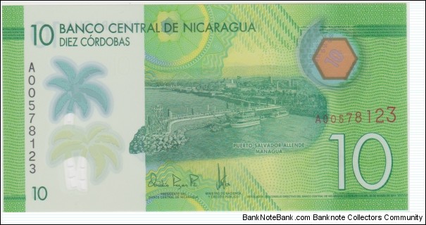 10 Cordobas ( Medida: 131 x 67 mm ) Nota de plástico
Puerto Salvador Allende, Managua
La Vaquita, Fiestas patronales de Managua Banknote
