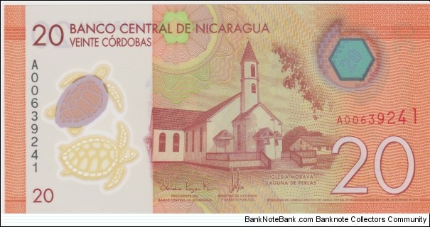 20 Cordobas ( Medida: 136 x 67 mm ) Nota de plástico
Iglesia Morava, Laguna de Perlas
Festival Mayo Ya Banknote