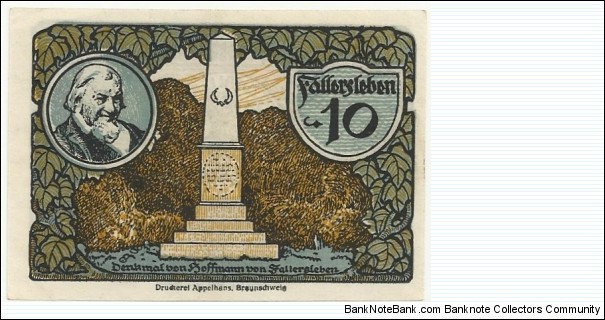 Germany Notgeld-Fallersleben 10 pfennig ND(1917-1923) Banknote