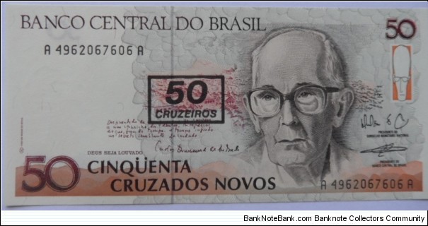 50 Cruzados
Overprint 50 Cruzeiros Banknote