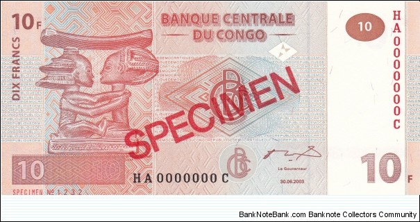 10 Francs Specimen Banknote 000000 Banknote