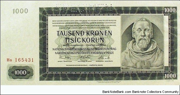 Protectorate of Bohemia and Moravia 1000 Korun - SPECIMEN Banknote