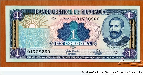 Nicaragua | 
1 Córdoba, 1995 | 

Obverse: Francisco Hernández de Córdoba | 
Reverse: National Coat of Arms | Banknote