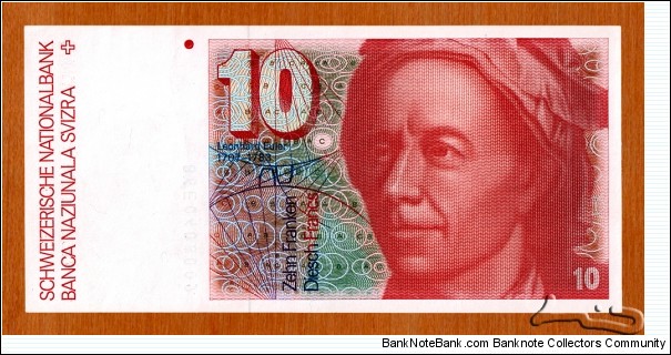 Switzerland | 
10 Francs/Franken/Franchi, 1986 | 

Obverse: The Mathematician, physicist, astronomer, logician and engineer Leonhard Euler (1707 – 1783) | 
Reverse: A water turbine, The solar system and The beam path in a lens system | 
Watermark: Portrait of Leonhard Euler  | Banknote