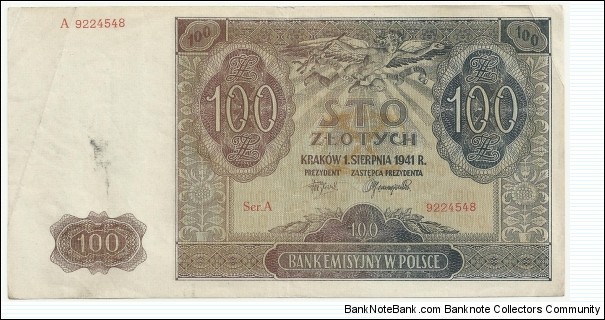 Poland 100 Zlotych 1941 Banknote