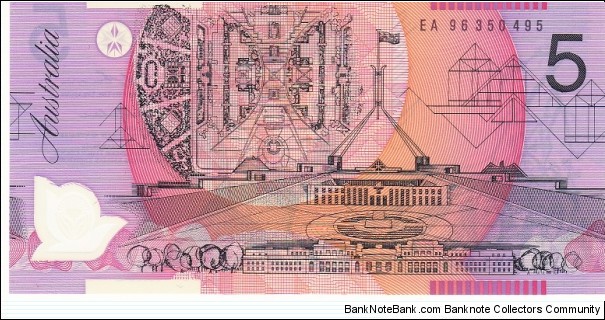 1996 $5 polymer note. EA96 Last Prefix MacFarlane / Evans. Scarce Banknote