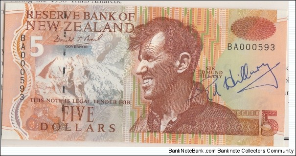 1993 $5 paper note signed by Edmund Hillary Banknote