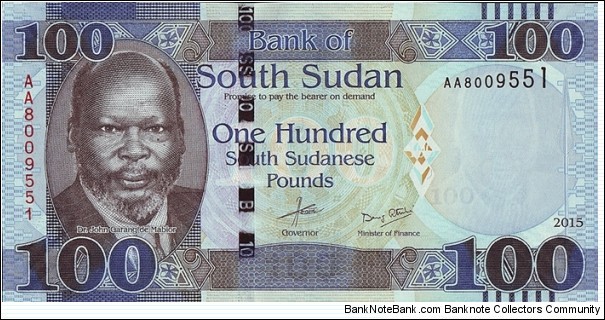 South Sudan 2015 100 Pounds.

Cut unevenly. Banknote