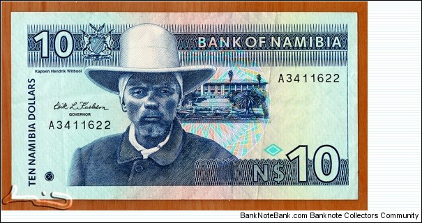 Namibia | 
10 Dollars, 1993 | 

Obverse: Hendrik Witbooi (c. 1830-1905) (a.k.a. ǃNanseb gaib ǀGâbemab (the captain who disappears in the grass)) was a chief of the ǀKhowesin people, Parliament building in Windhoek, and Namibian Coat of Arms | 
Reverse: Springbok antelopes (Antidorcas marsupialis), and Namibian flag | 
Watermark: Chief Hendrik Witbooi | Banknote