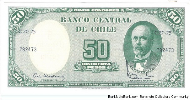 50 Pesos(overprinted with value 5 Centesimos de Escudo 1960)  Banknote
