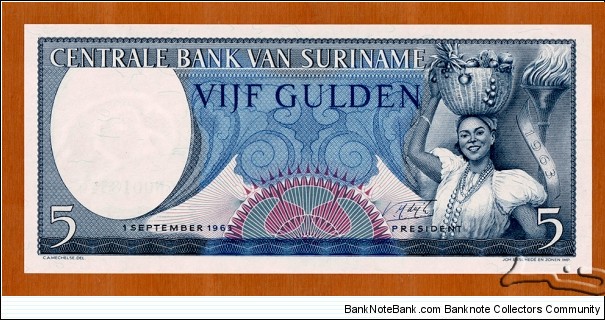 Suriname | 
5 Gulden, 1963 | 

Obverse: Woman with basket full of fruits, Olympic torch | 
Reverse: National Coat of Arms | 
Watermark: Parrot's head | Banknote