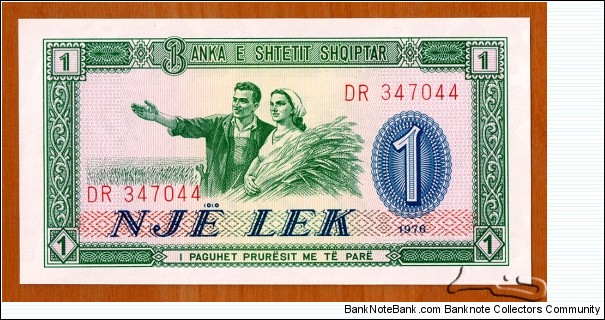 Albania | 
1 Lek, 1976 | 

Obverse: Albanian peasant woman with sheaf of wheat and a mechanic | 
Reverse: Rozafa Castle of Shkodër on a hilltop, and National Coat of arms | 
Watermark: Bank logo pattern of Stars and 
