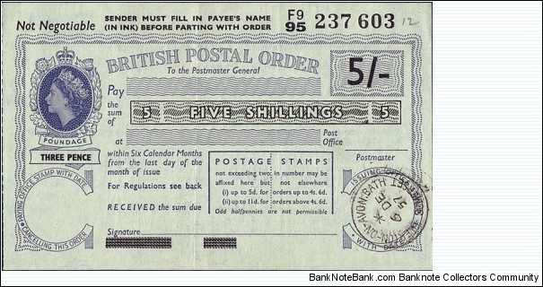 England 1957 5 Shillings postal order.

Issued at Merton-On-Avon,Bath (Somerset). Banknote
