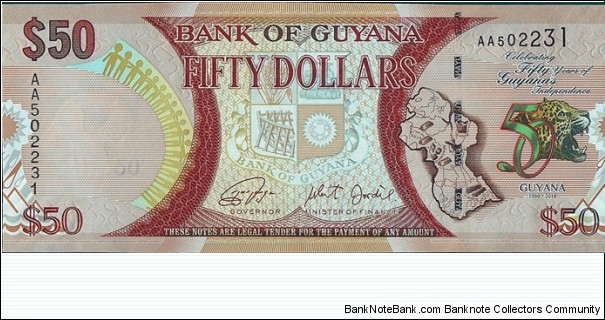 Guyana 2016 50 Dollars.

50 Years of Independence.

Cut unevenly. Banknote