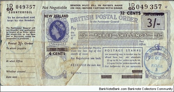 New Zealand 1969 32 Cents on 30 Cents on 3 Shillings postal order.

Issued at Whangarei. Banknote