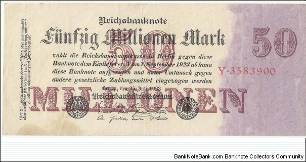 Germany Weimar 50 Million Mark 1923 Banknote
