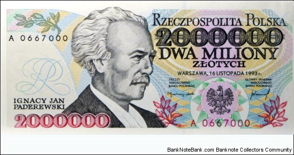 2000000 Złotych - Ignacy Jan Paderewski Banknote