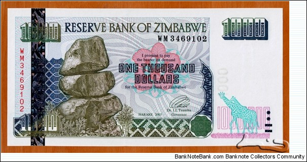 Zimbabwe | 
1,000 Dollars, 2003 | 

Obverse: Chiremba Balancing Rocks in Matopos National Park | 
Reverse: African Elephants | 
Watermark: Zimbabwe Bird, Electrotype 