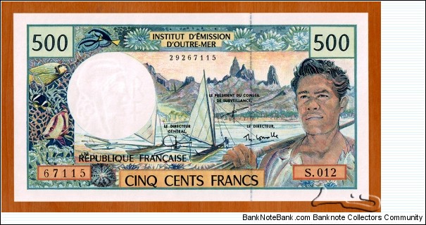 French Pacific Territories | 
500 Francs, 2003 | 

Obverse: Canoe and an outrigger sailing, Coastal landscape of the Polynesian Marquesas Islands, portrait of a younf fisherman, and Fish, corals and other underwater flora and fauna | 
Reverse: Bearded New Caledonian man, Landscape rocks representing Hienghène (Hyehen) (New Caledonia), Wooden carvings, conch shells and shell fish | 
Watermark: 