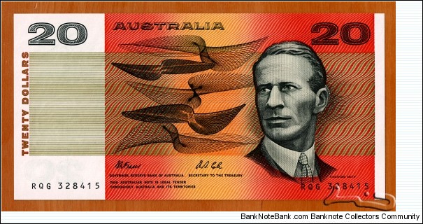 Australia | 
20 Dollar, 1991 | 

Obverse: Portrait of Sir Charles Kingsford Smith (1897-1935), often called by his nickname Smithy, was an early Australian aviator. In 1928, he earned global fame when he made the first trans-Pacific flight from the United States to Australia | 
Reverse: Portrait of Lawrence Hargrave (1850-1915), was an Australian engineer, explorer, astronomer, inventor and aeronautical pioneer | 
Watermark: Captain James Cook | Banknote