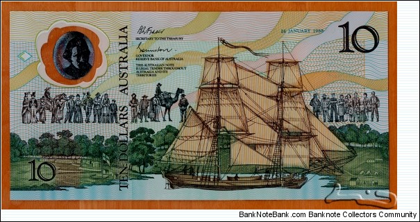 Australia | 
10 Dollar, 1988 – Bicentenary of European settlement in Australia | 

Obverse: HMS Endeavour, which was a British Royal Navy research vessel that Lieutenant James Cook commanded on his first voyage of discovery, to Australia and New Zealand, from 1769 to 1771, and Settlers | 
Reverse: Aboriginal | 
Window: Captain James Cook | Banknote