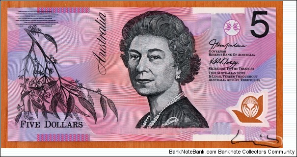 Australia | 
5 Dollars, 2006 | 

Obverse: Portrait of Queen Elizabeth II, and Sprig of eucalyptus | 
Reverse: The old and new Parliament Houses in Canberra | 
Window: Eucalyptus leaf | Banknote