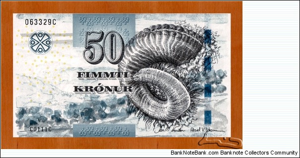 Faroe Islands | 
50 Krónur, 2011 | 

Obverse: Ram's horn | 
Reverse: Hillside in Sumba | 
Watermark:Ram's head | Banknote