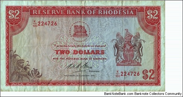 Rhodesia 1975 2 Dollars. Banknote