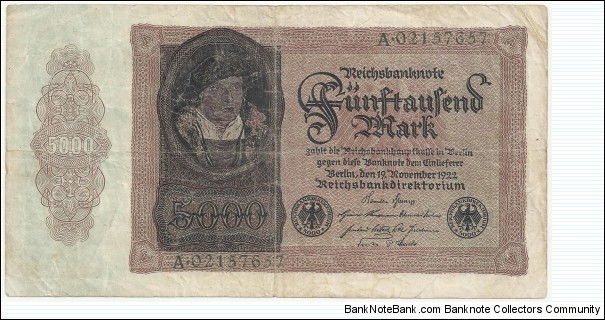 Germany Weimar 5000 Mark 1922 Banknote