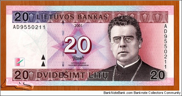 Lithuania | 
20 Litas, 2001 | 

Obverse: Romantic poet Maironis (Jonas Mačiulis) (1862-1932), is one of the most famous Lithuanian poets | 
Reverse: Statue of Liberty and Vytautas Magnus War Museum in Kaunas | 
Watermark: Vytis | Banknote