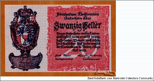 Liechtenstein | 20 Heller, 1920 | Obverse: National Coat of Arms | Reverse: Vaduz Castle | Banknote